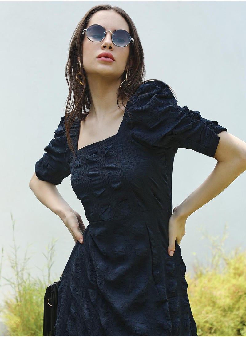 Women's Navy Blue Creased Dress With Slit Detail