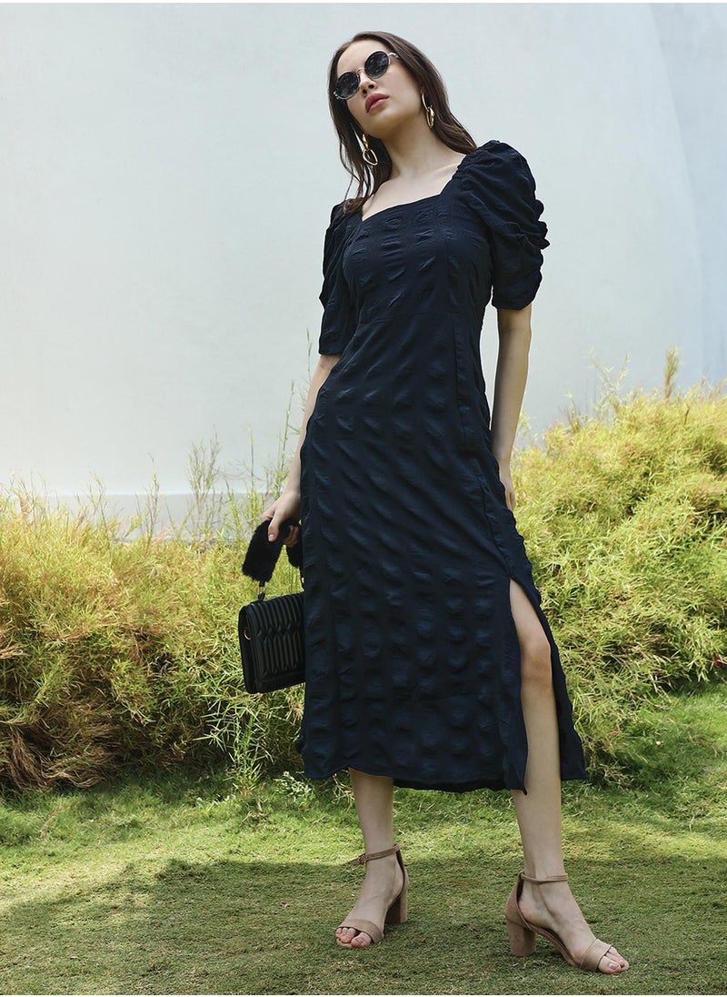 Women's Navy Blue Creased Dress With Slit Detail