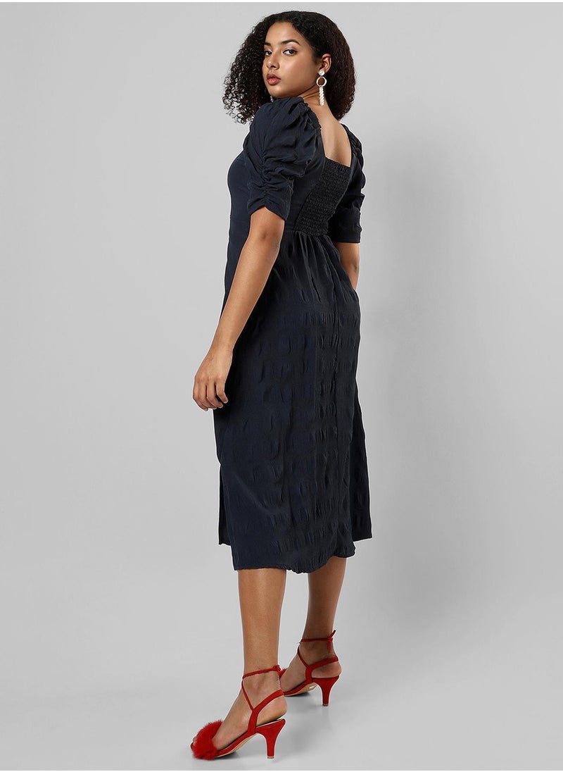 Women's Navy Blue Creased Dress With Slit Detail