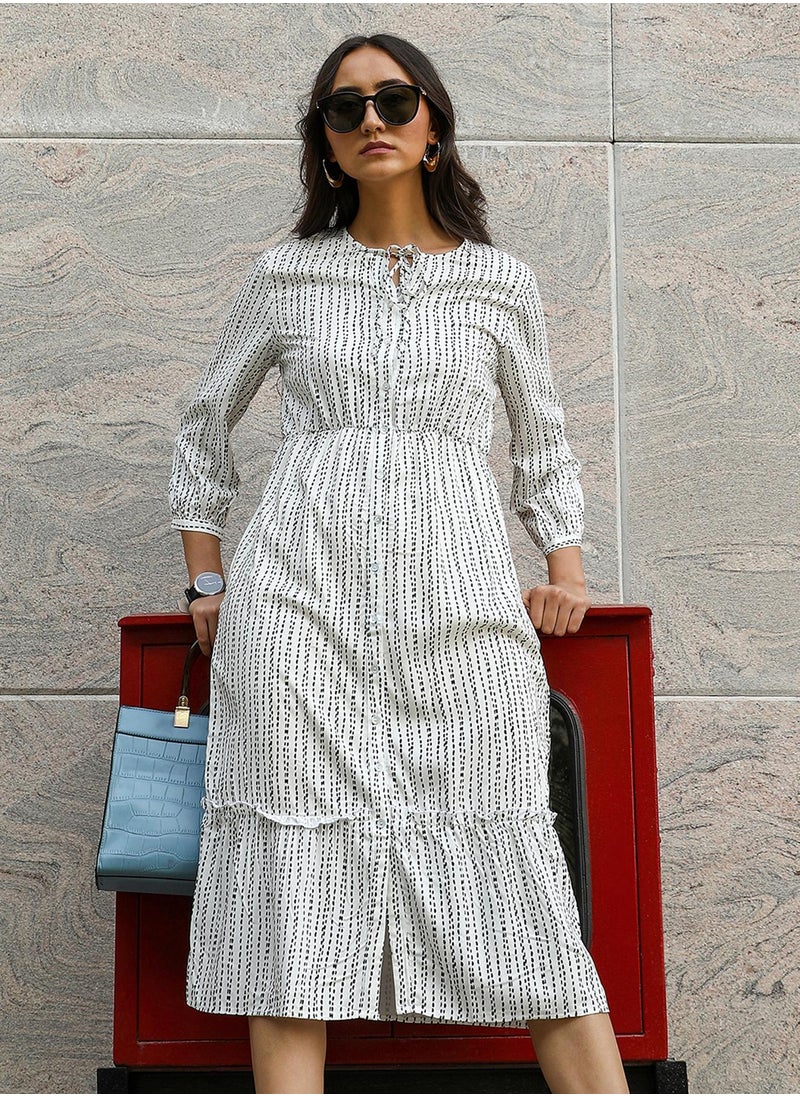 Women's Ivory White & Midnight Black Chalk Striped Midi Dress