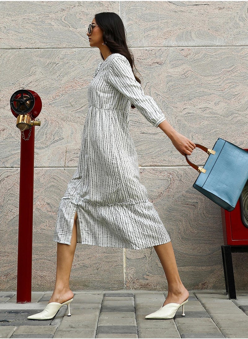 Women's Ivory White & Midnight Black Chalk Striped Midi Dress