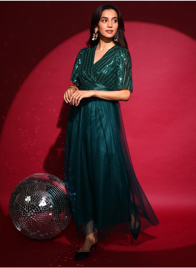 Women's Emerald Green Sequin Block Maxi Dress