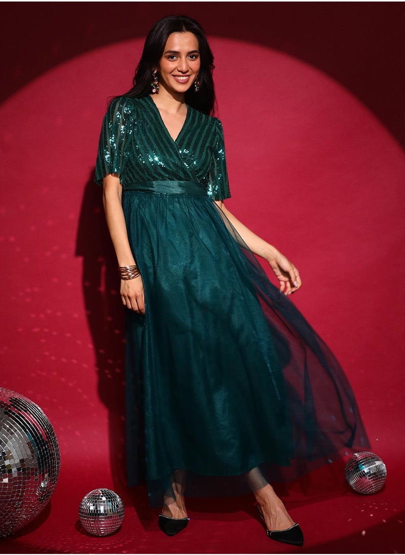 Women's Emerald Green Sequin Block Maxi Dress