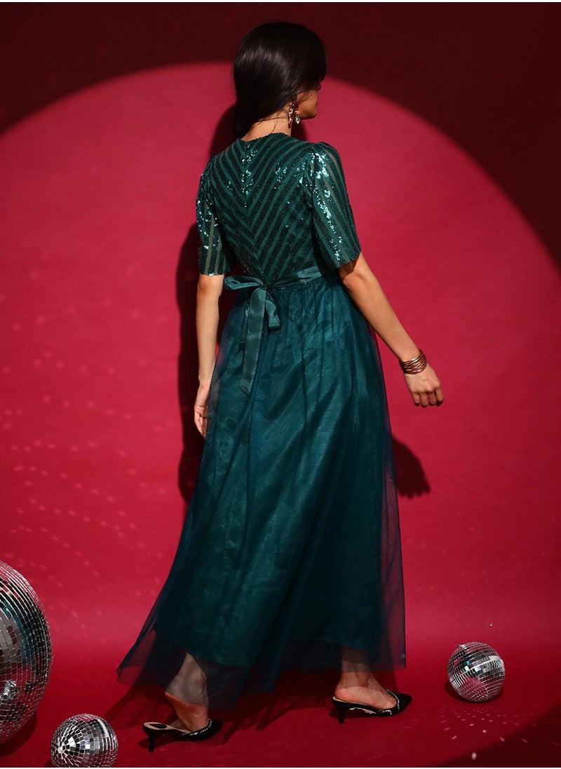 Women's Emerald Green Sequin Block Maxi Dress
