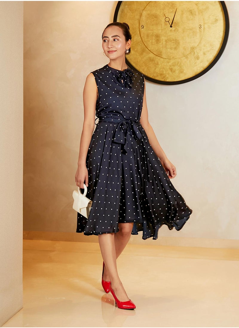 Women's Midnight Black Tie-Up Polka Dot Dress