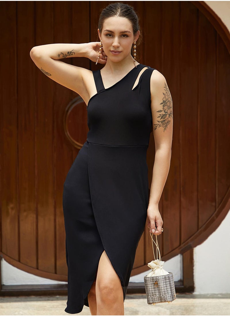 Women's Charcoal Black Asymetrical Midi Dress
