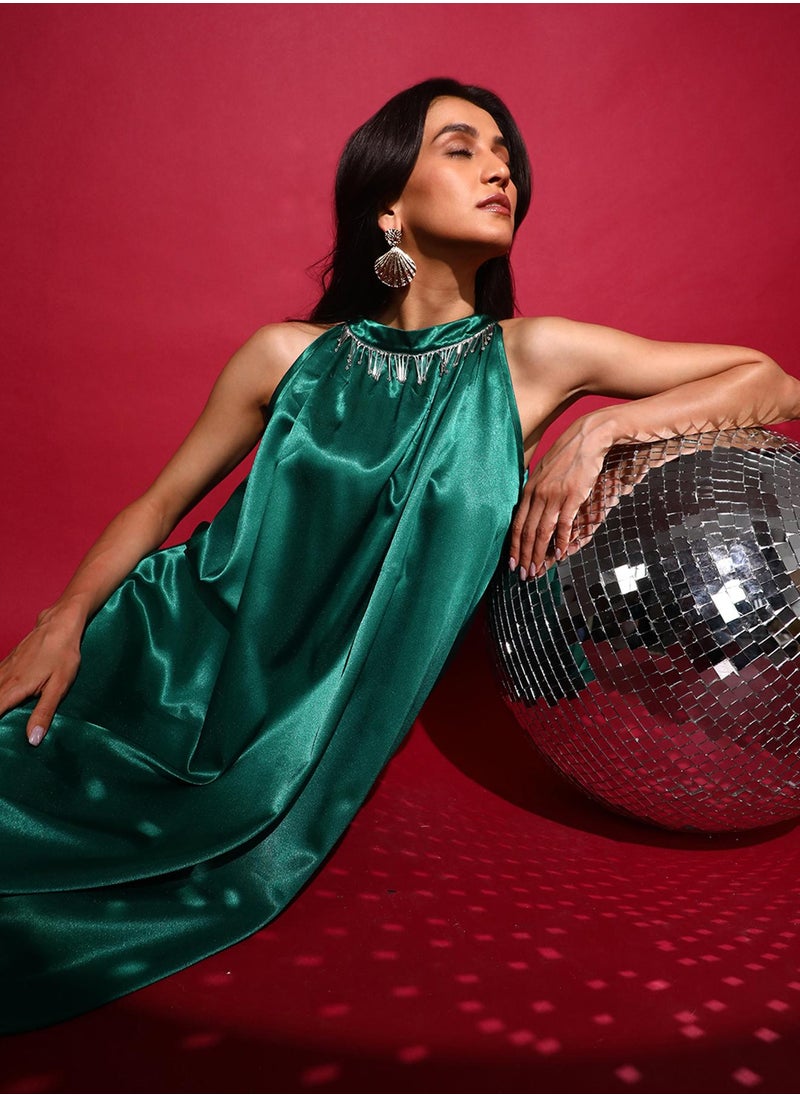 Women's Emerald Green Halter Midi Dress