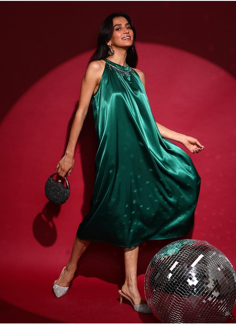 Women's Emerald Green Halter Midi Dress