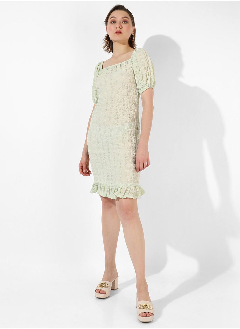 Women's Pastel Green Puff-Sleeved Creased Dress