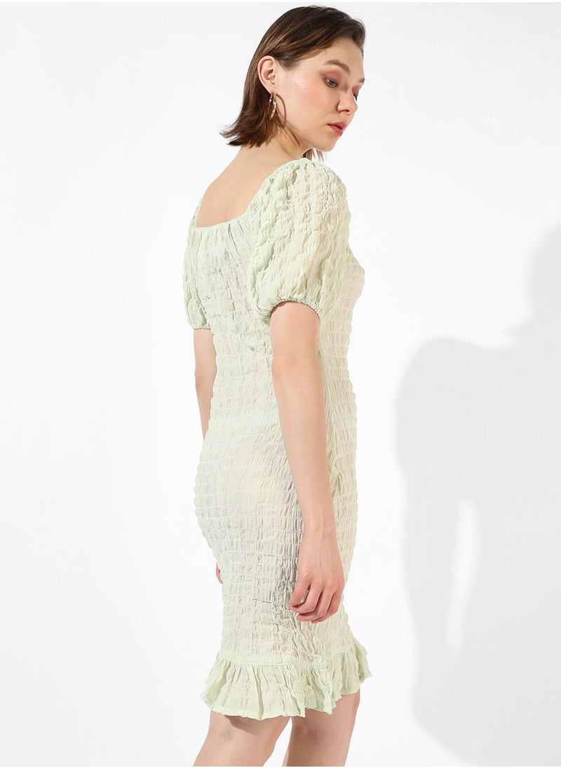 Women's Pastel Green Puff-Sleeved Creased Dress