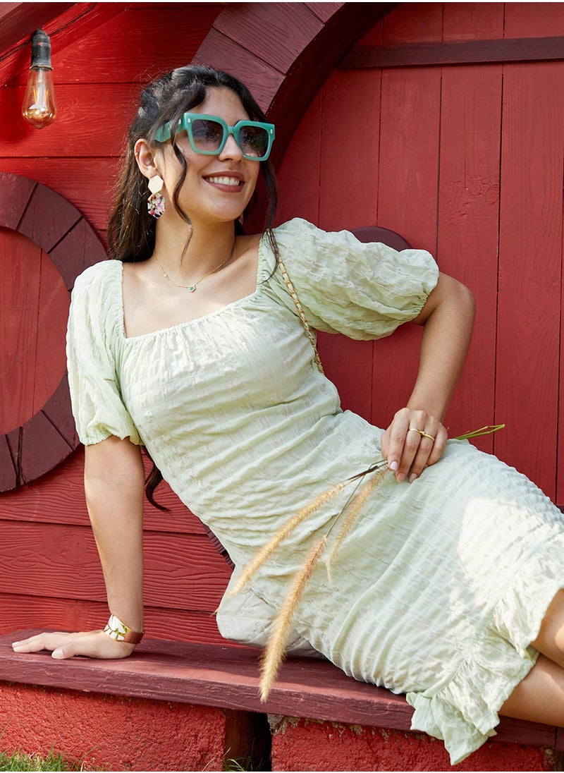 Women's Pastel Green Puff-Sleeved Creased Dress