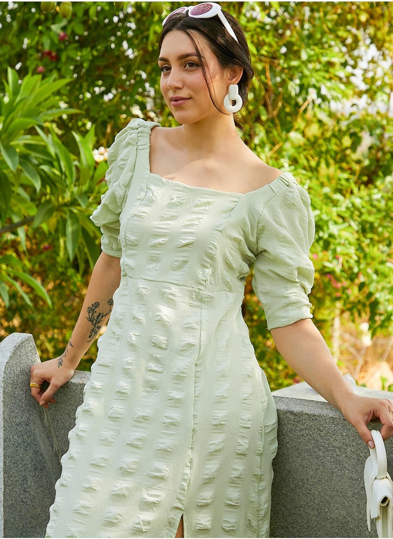 Women's Sage Green Creased Dress With Slit Detail