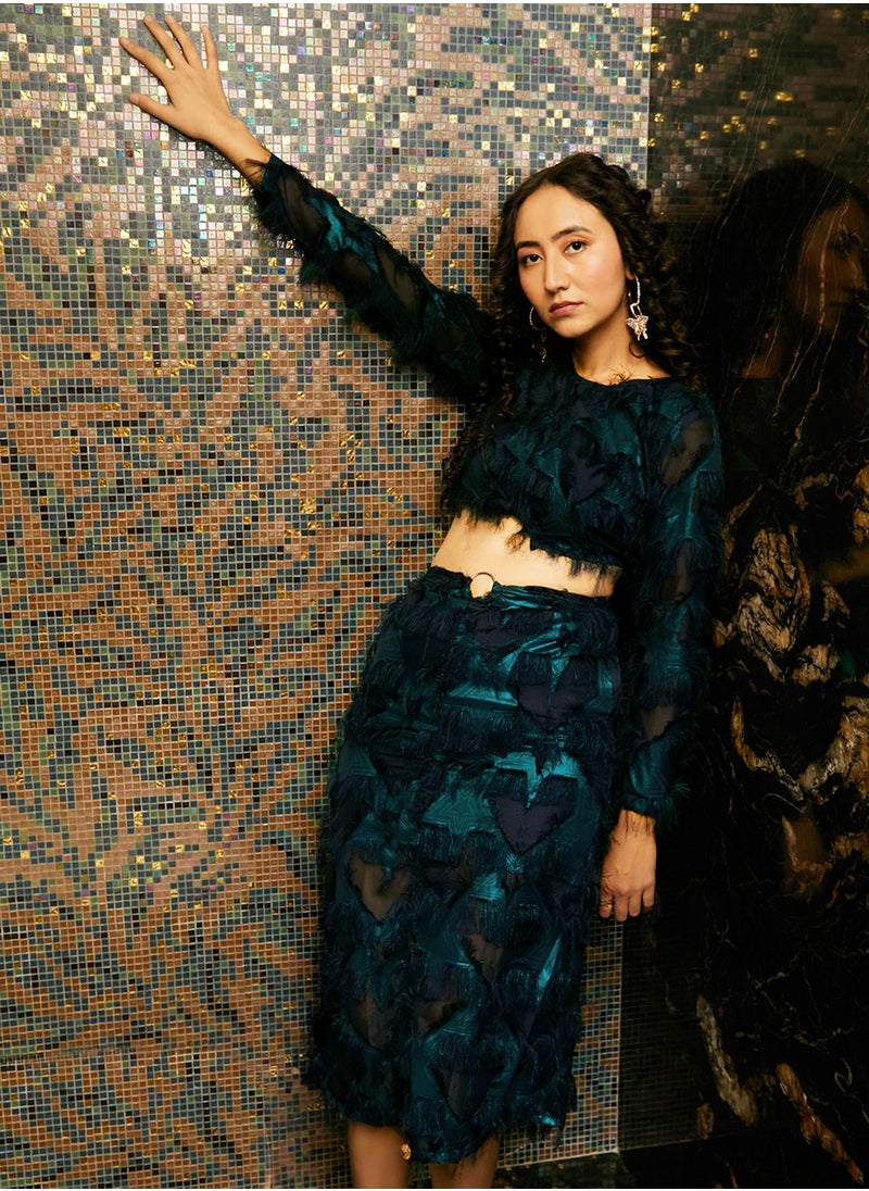 Women's Emerald Green & Navy Blue Fringe Midi Dress