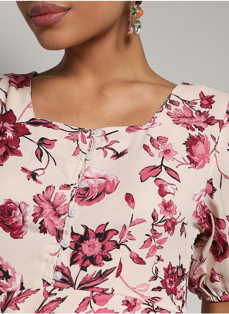 Women's Crimson Red Ruffle Floral Dress