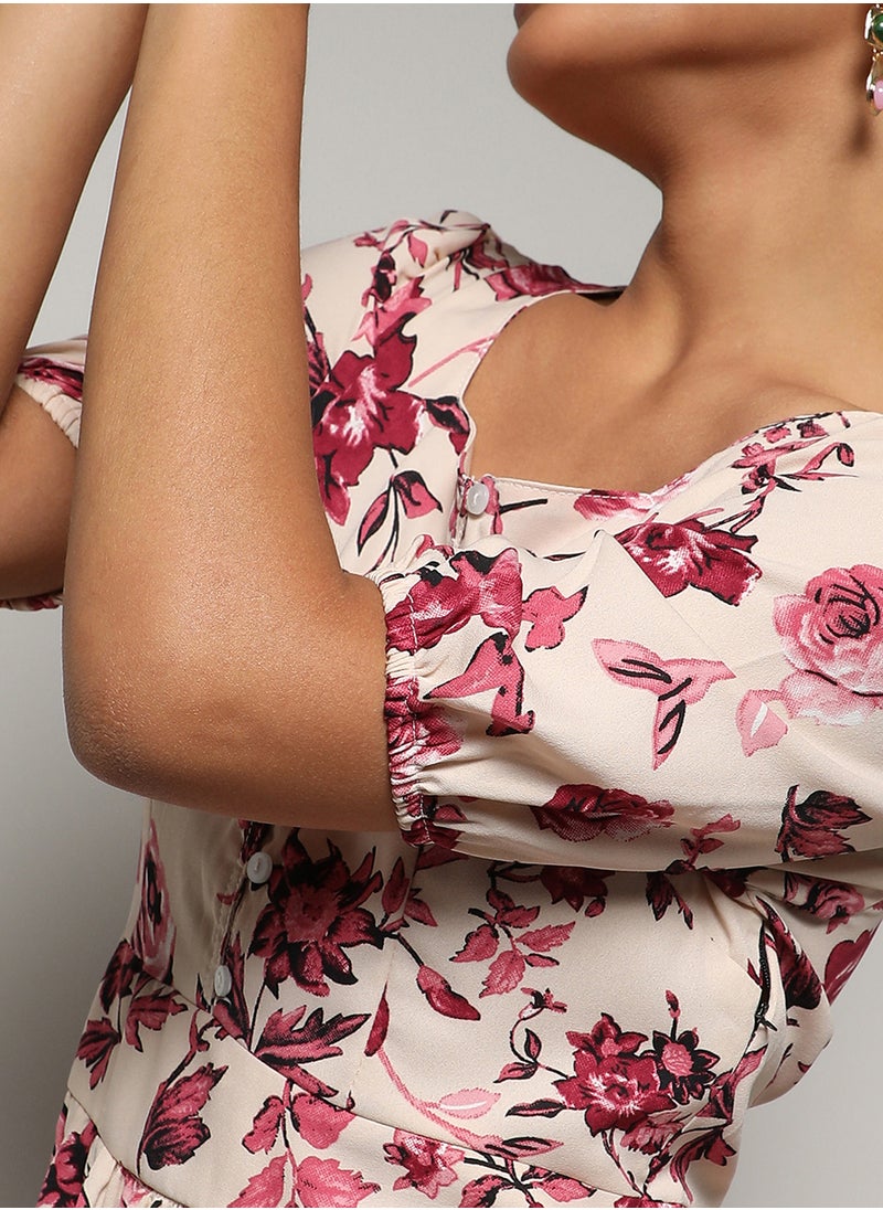 Women's Crimson Red Ruffle Floral Dress