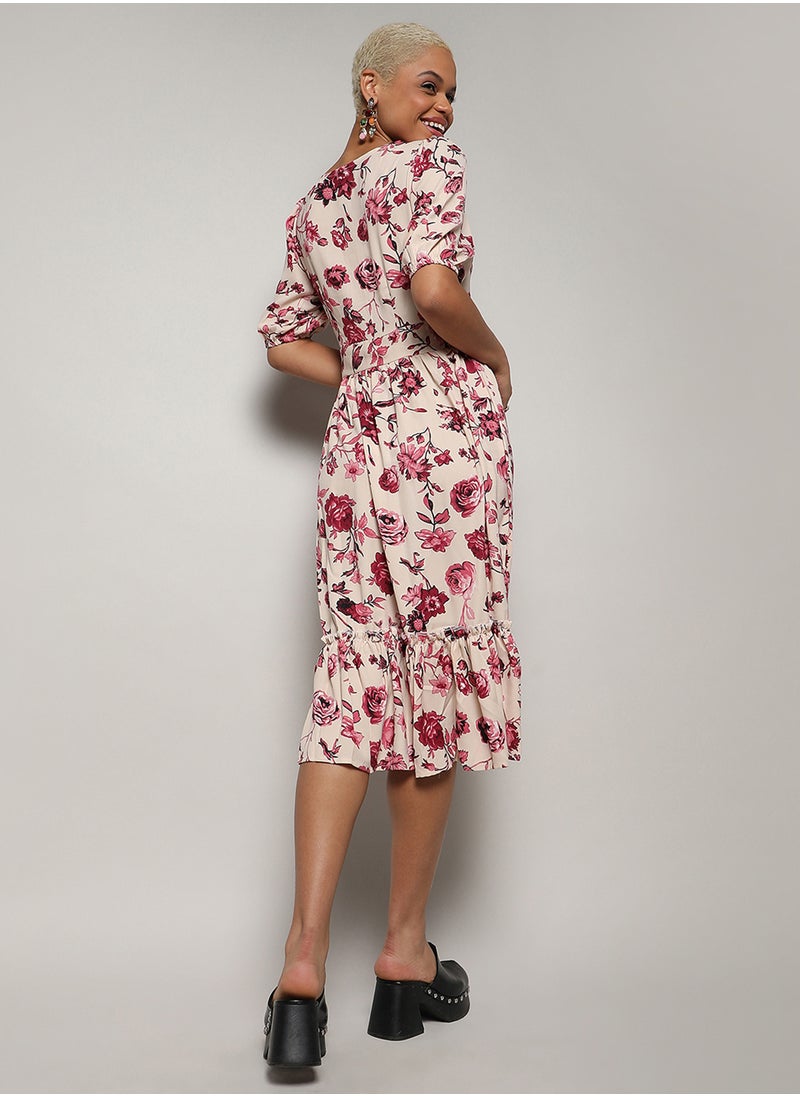 Women's Crimson Red Ruffle Floral Dress