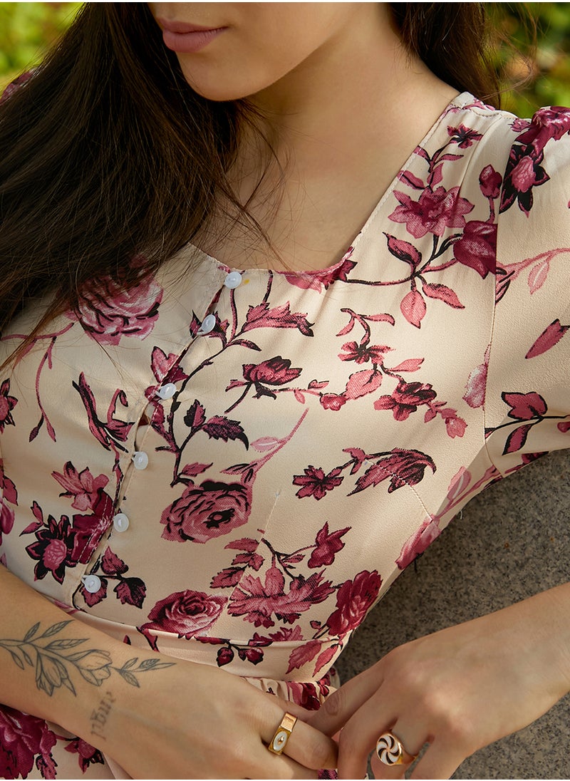 Women's Crimson Red Ruffle Floral Dress