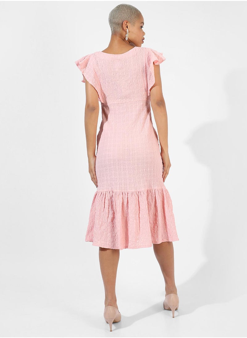 Women's Baby Pink Creased Cut-Out Midi Dress