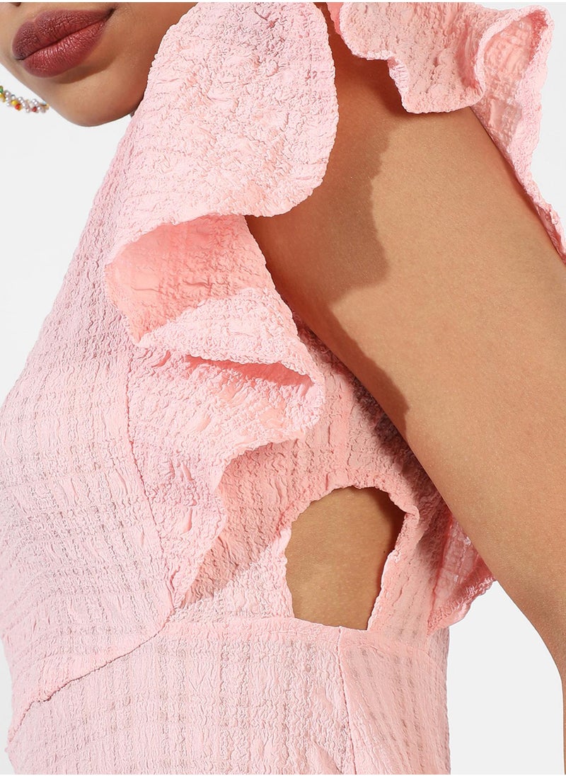 Women's Baby Pink Creased Cut-Out Midi Dress