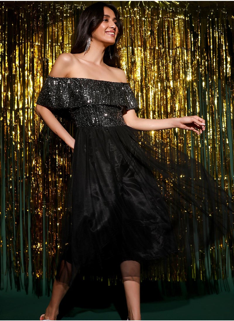 Women's Midnight Black Sequin Block Dress