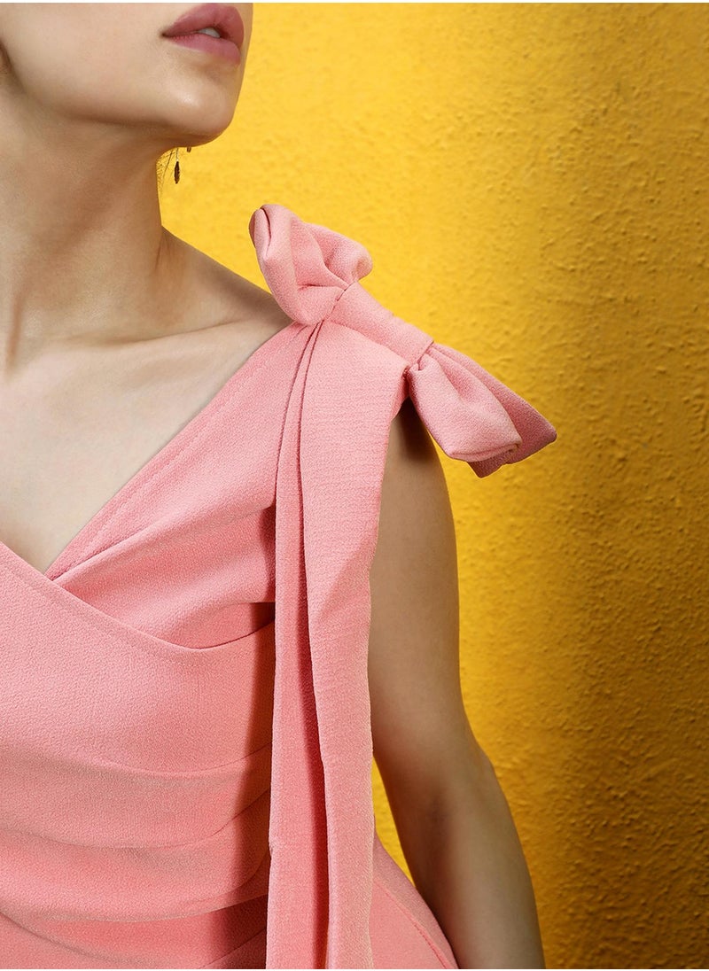 Women's Blush Pink Midi Dress With Ribbon Detail