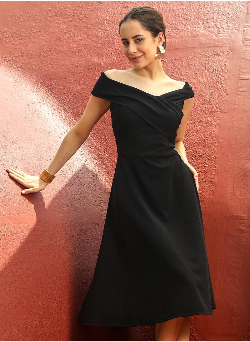Women's Onyx Black Criss-Cross Midi Dress