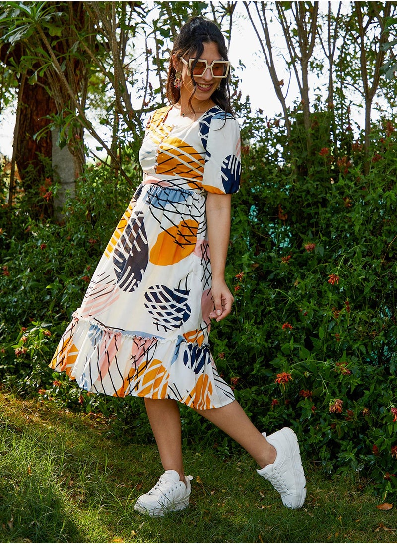 Women's Multicolour Botanical Midi Dress