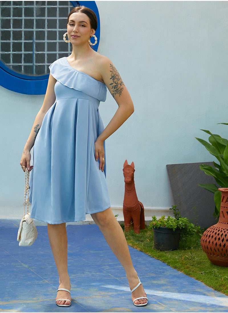 Women's Sky Blue One-Shoulder Ruffle Dress