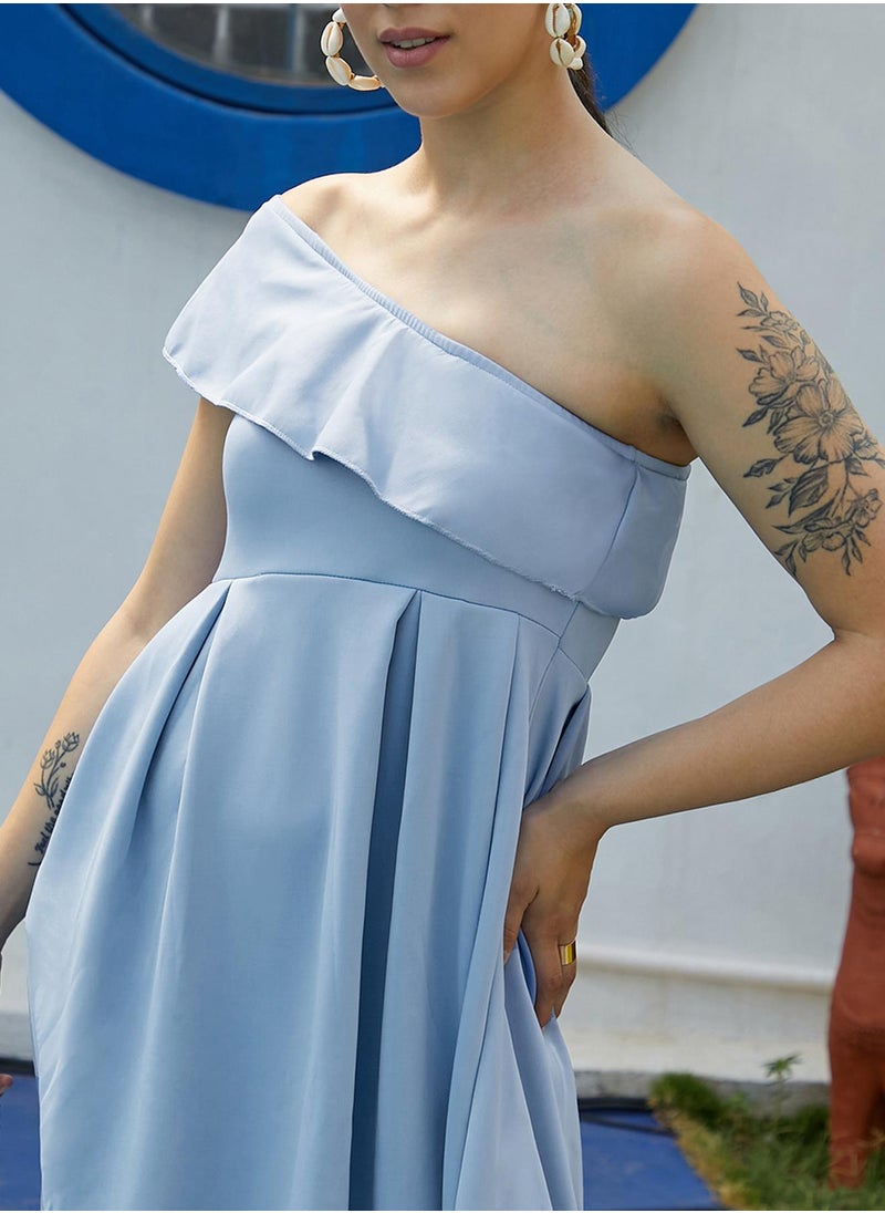 Women's Sky Blue One-Shoulder Ruffle Dress