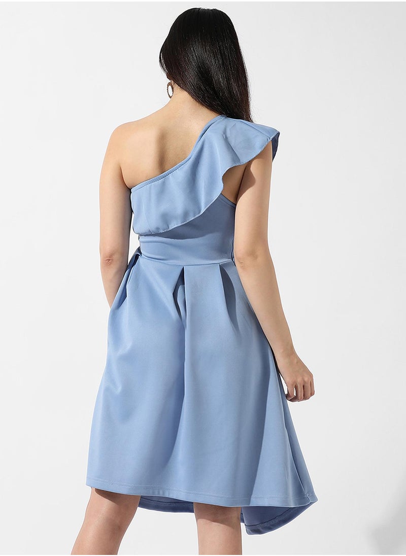 Women's Sky Blue One-Shoulder Ruffle Dress