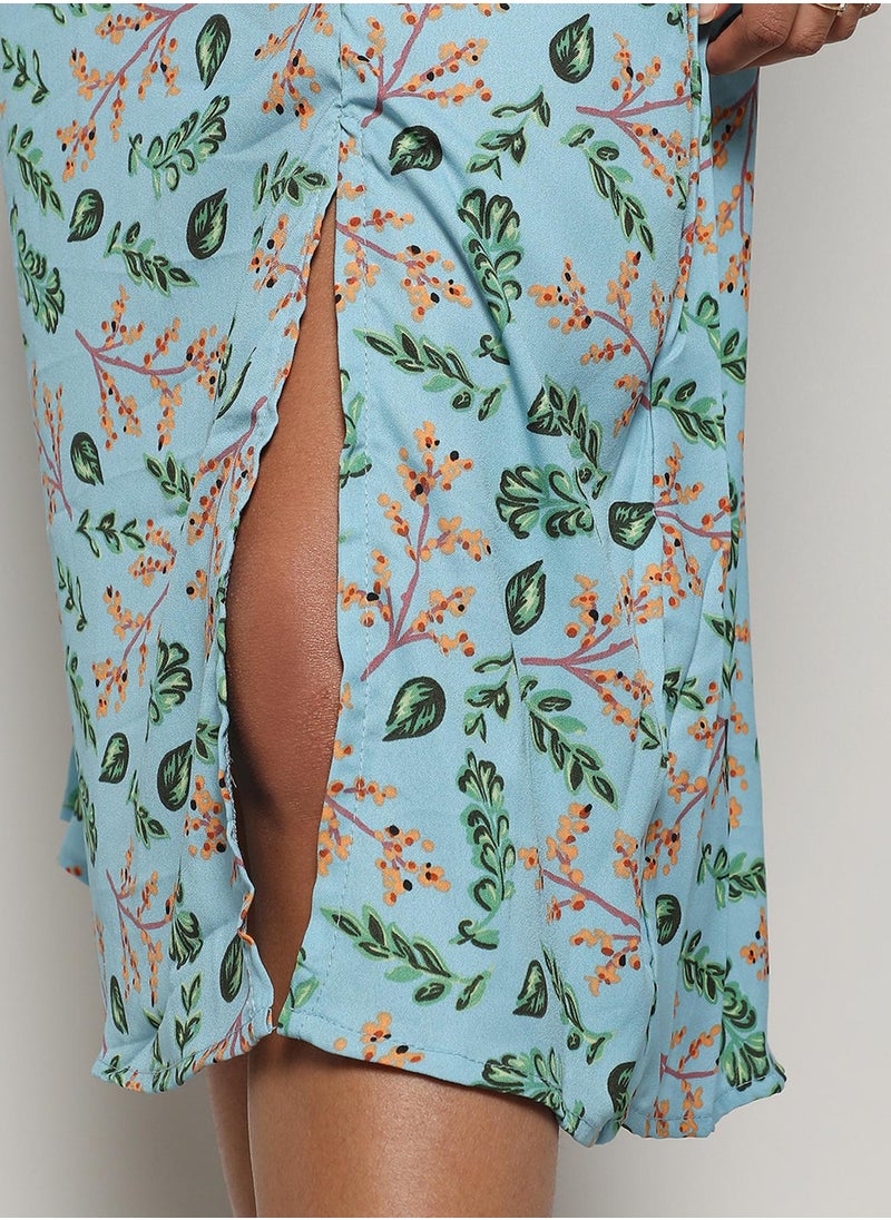 Women's Icy Blue Botanical Slit Midi Dress