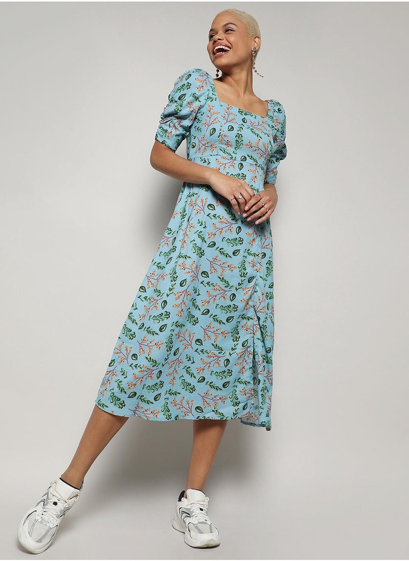 Women's Icy Blue Botanical Slit Midi Dress