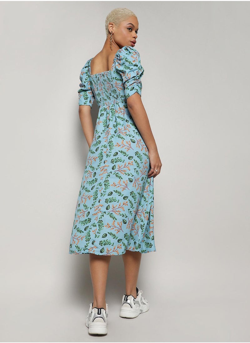 Women's Icy Blue Botanical Slit Midi Dress