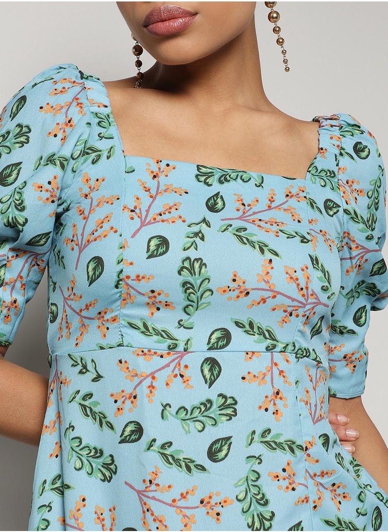 Women's Icy Blue Botanical Slit Midi Dress