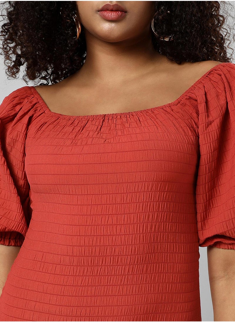 Women's Scarlet Red Puff-Sleeved Creased Dress