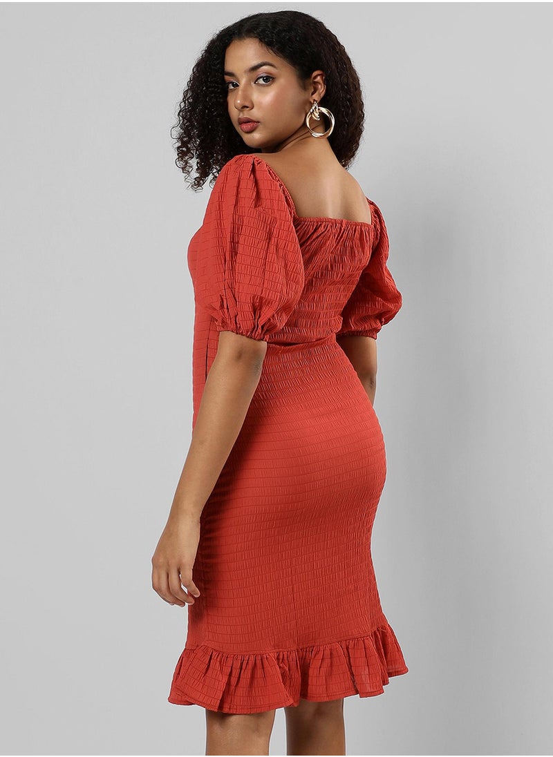 Women's Scarlet Red Puff-Sleeved Creased Dress