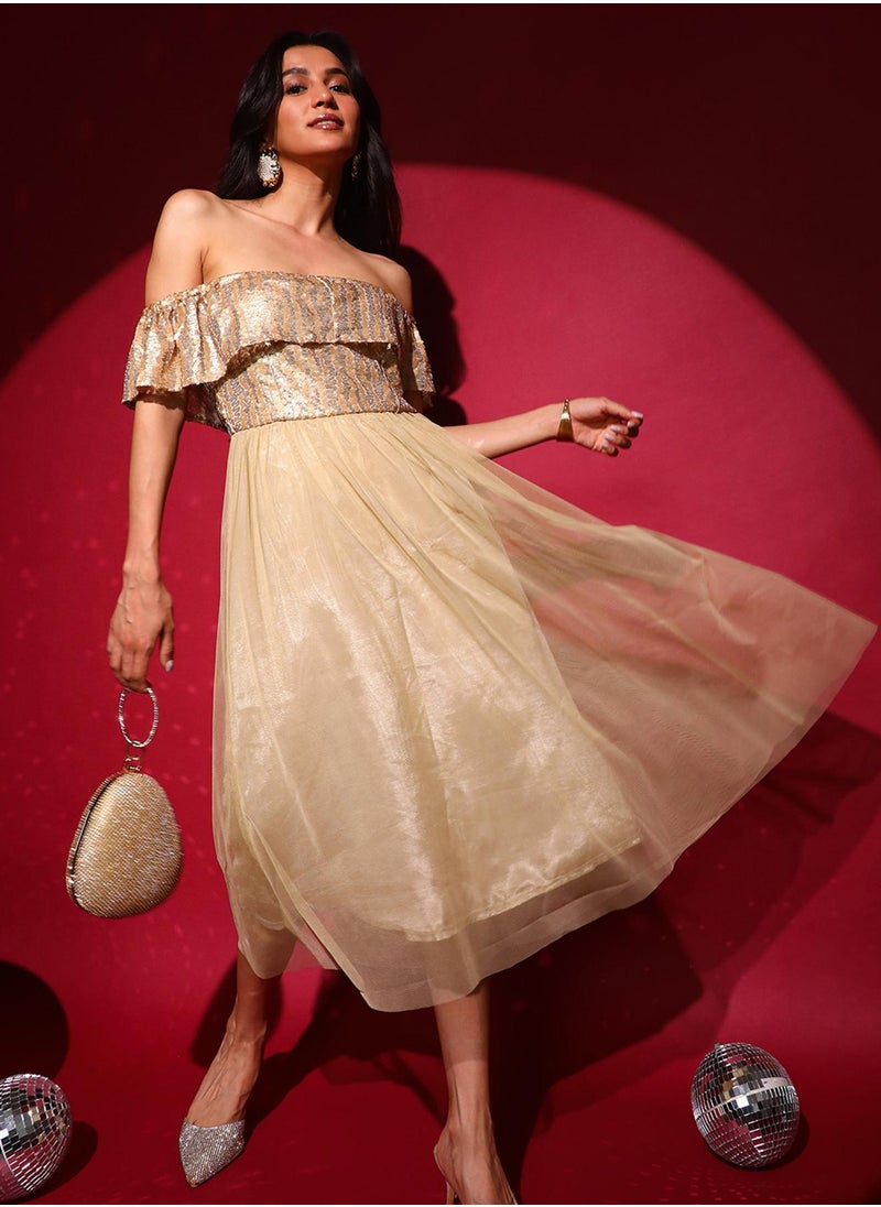 Women's Champayne Gold Sequin Block Dress