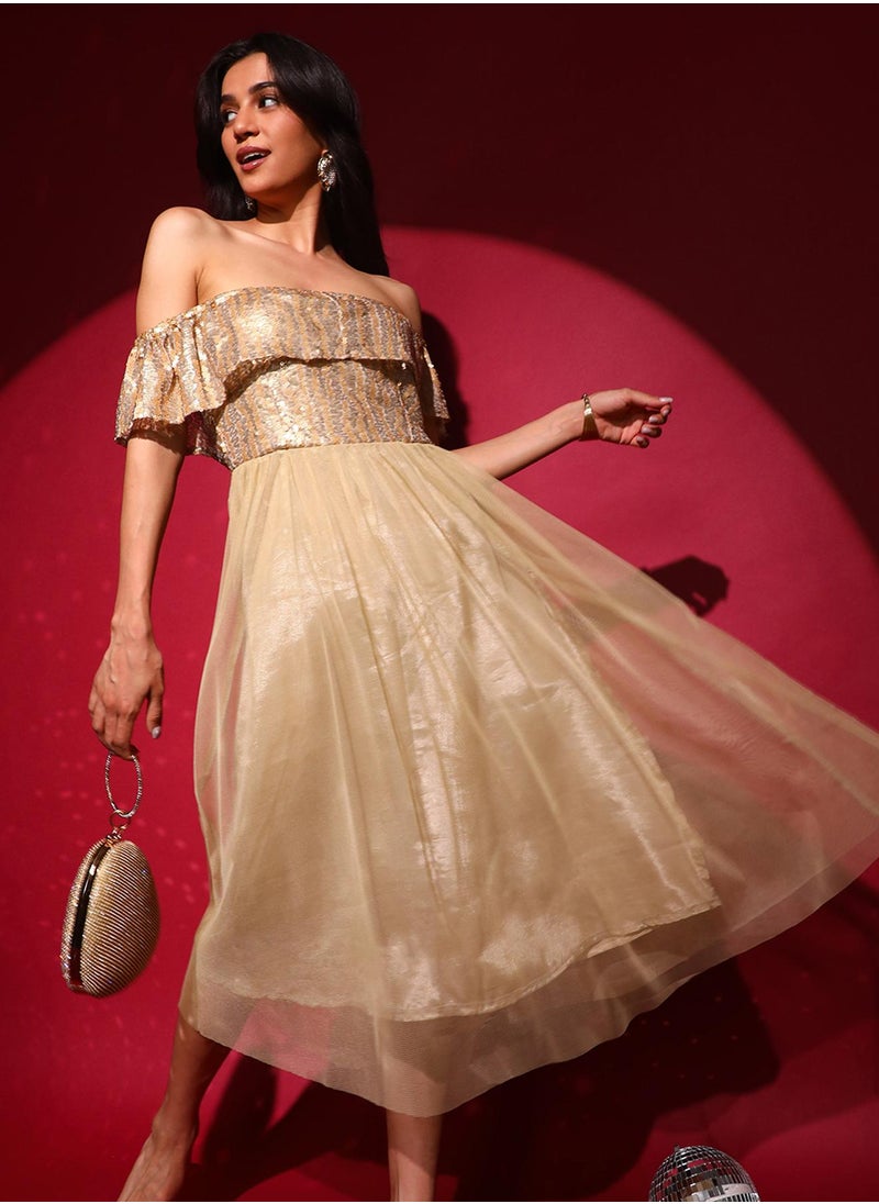 Women's Champayne Gold Sequin Block Dress