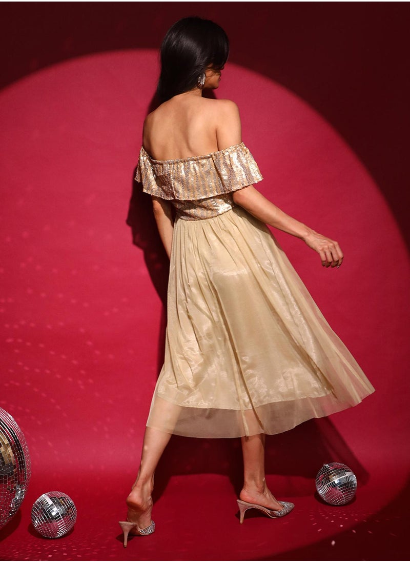 Women's Champayne Gold Sequin Block Dress