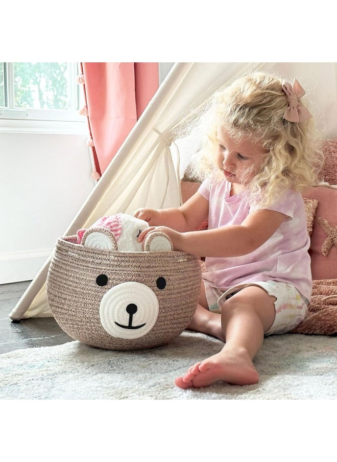 CherryNow Cotton Rope Basket Baby Basket for Nursery, Bear Gift Basket for Kids, Empty Baby Shower Basket with Handles, Small Cute Animal Basket, Light Brown, 10.5