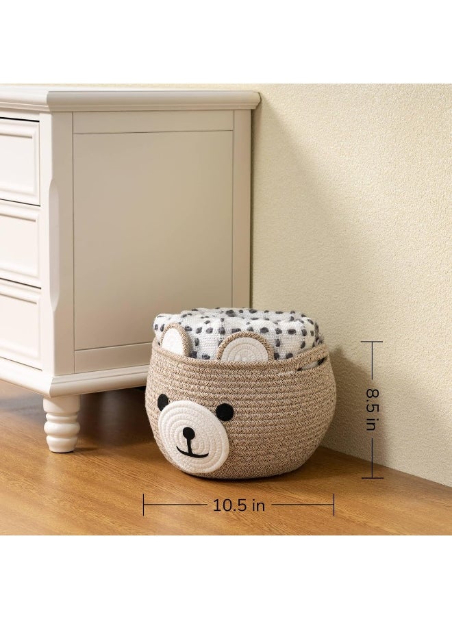 CherryNow Cotton Rope Basket Baby Basket for Nursery, Bear Gift Basket for Kids, Empty Baby Shower Basket with Handles, Small Cute Animal Basket, Light Brown, 10.5