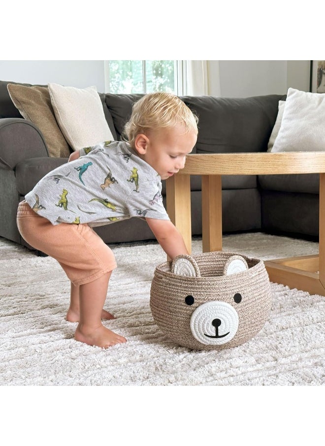 CherryNow Cotton Rope Basket Baby Basket for Nursery, Bear Gift Basket for Kids, Empty Baby Shower Basket with Handles, Small Cute Animal Basket, Light Brown, 10.5