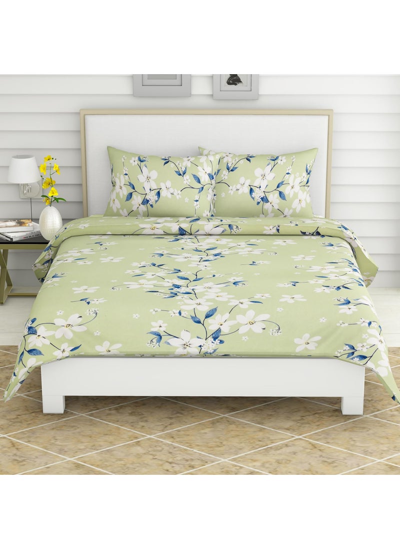 Haus Kinder Double Size Bedsheet for Double Bed 144 TC Pure Cotton Queen Size with 2 Pillow Covers Bed Sheet with Ivory Bloom Green Design