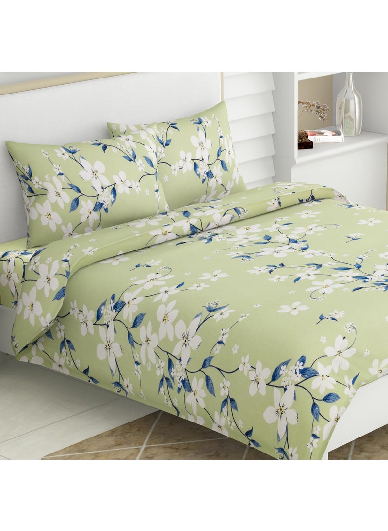 Haus Kinder Double Size Bedsheet for Double Bed 144 TC Pure Cotton Queen Size with 2 Pillow Covers Bed Sheet with Ivory Bloom Green Design