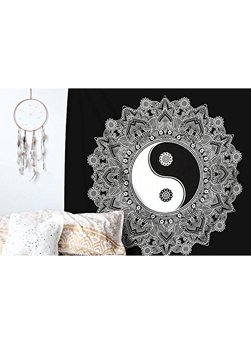 SheetKart Yinyang Cotton Double Bedsheet Without Pillow Covers Wall Hanging Tapestry Black and White