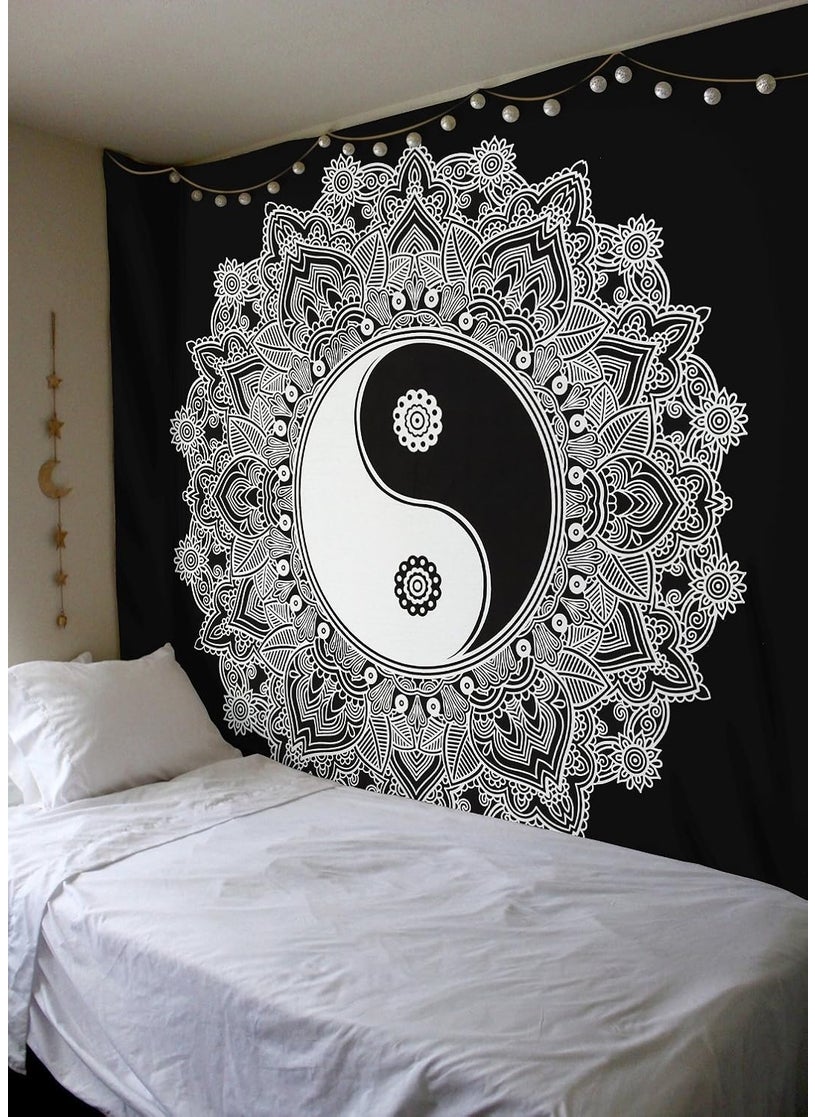 SheetKart Yinyang Cotton Double Bedsheet Without Pillow Covers Wall Hanging Tapestry Black and White