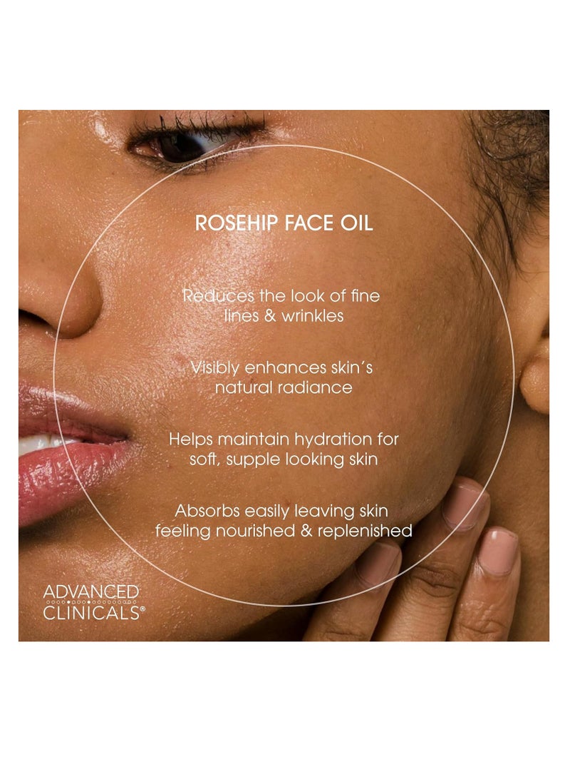 Advanced Clinicals Rosehip Oil For Face With Vitamin E + Botanicals Helps Improve Look Of Dark Spots, Wrinkles, Fine Lines, & Uneven Looking Skin Tone | Moisturizing Skin Care Face Serum, 1.8 Fl Oz
