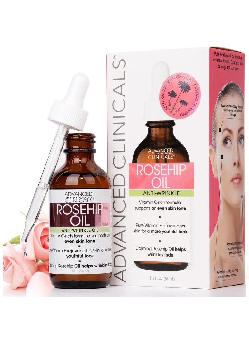 Advanced Clinicals Rosehip Oil For Face With Vitamin E + Botanicals Helps Improve Look Of Dark Spots, Wrinkles, Fine Lines, & Uneven Looking Skin Tone | Moisturizing Skin Care Face Serum, 1.8 Fl Oz