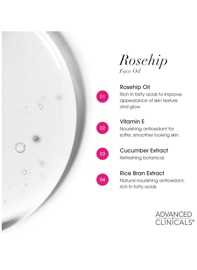 Advanced Clinicals Rosehip Oil For Face With Vitamin E + Botanicals Helps Improve Look Of Dark Spots, Wrinkles, Fine Lines, & Uneven Looking Skin Tone | Moisturizing Skin Care Face Serum, 1.8 Fl Oz