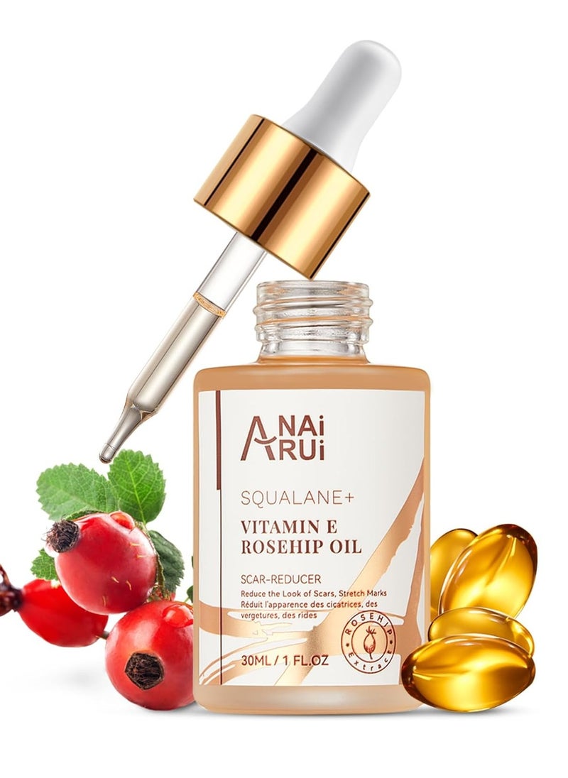 ANAI RUI Squalane + Vitamin E Rosehip Oil Moisturizer for Face Hydrate, Reduce Scars and Stretch Marks, Wrinkles for Smoother, Softer Skin 1 fl. Oz